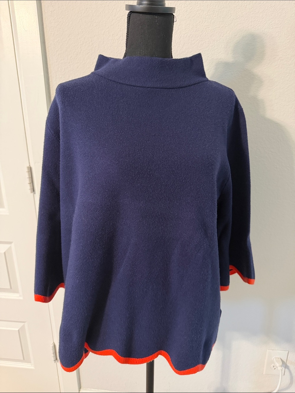 Navy Cowl Neck Sweater with Red Trim